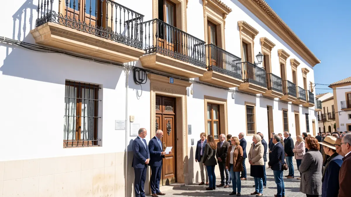 Facade of the Baza City Hall with the mayor and the Sister Superior signing an agreement.