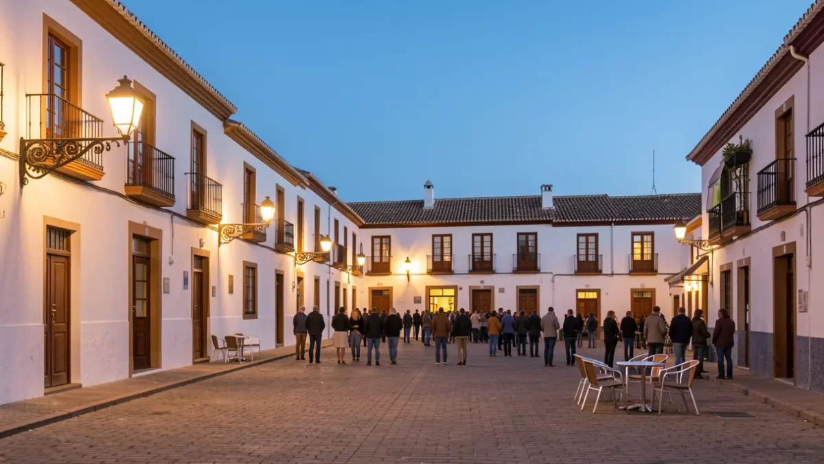 Andalusian town square at dusk with white buildings and streetlamps.