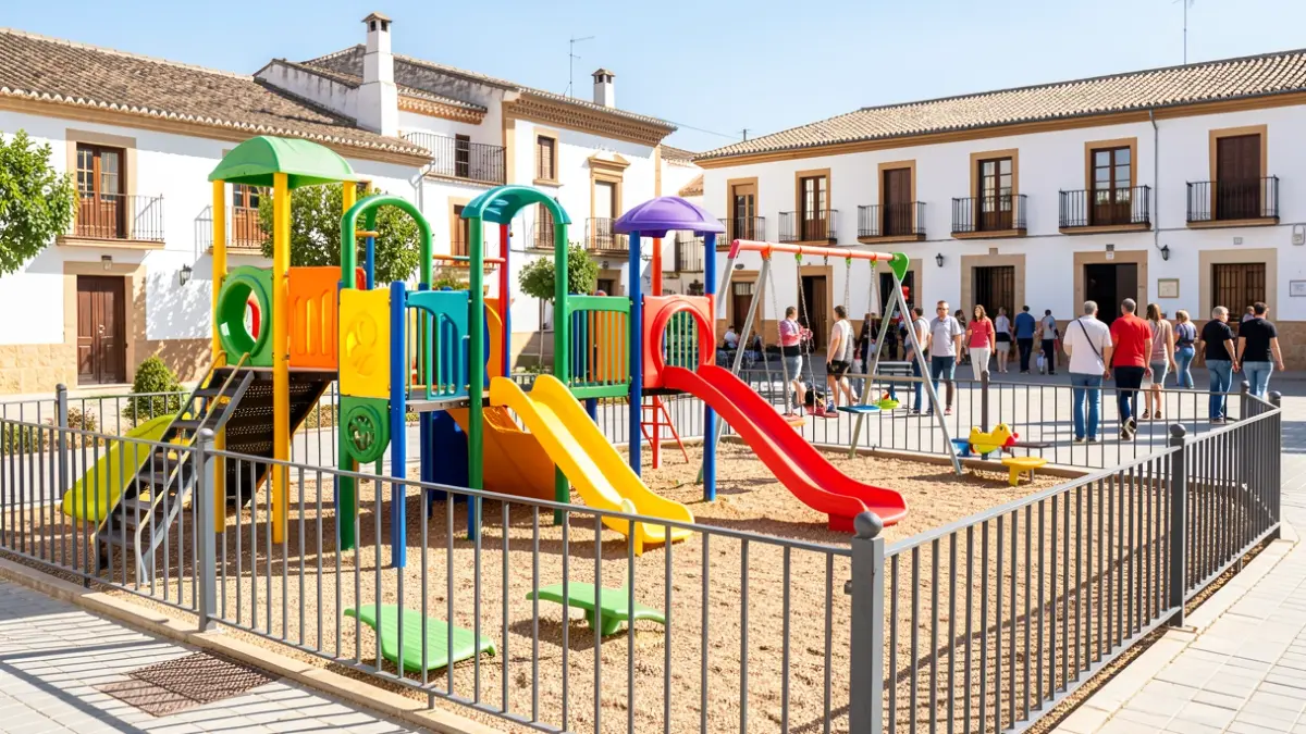 Renovated children's playground in Baza with new play equipment and metal fencing.