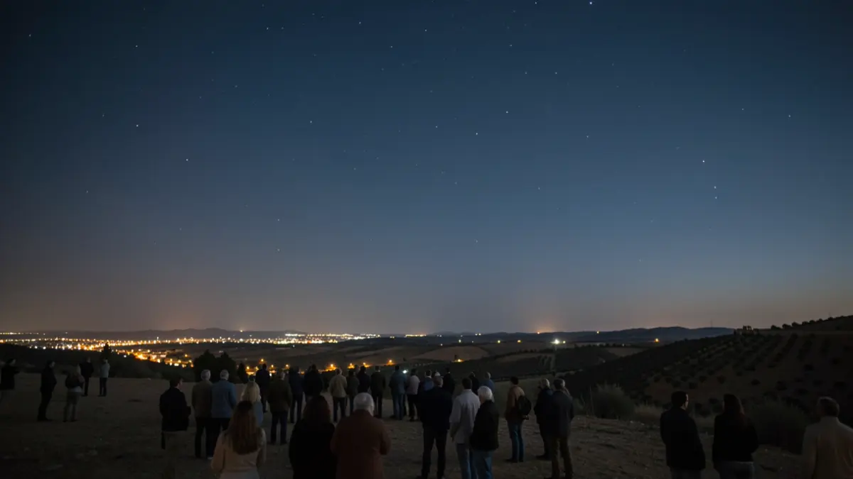 Clear night sky over an elevated Andalusian landscape with distant town lights.