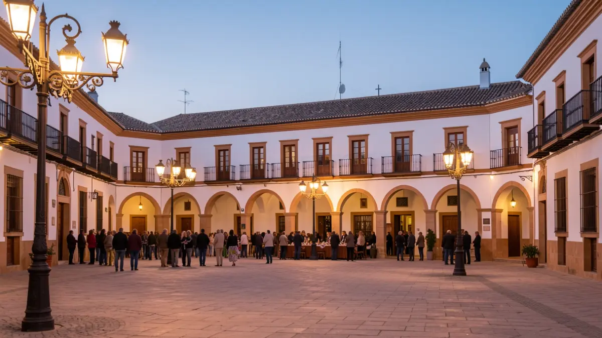 Andalusian town square at dusk with streetlamps and a white facade.