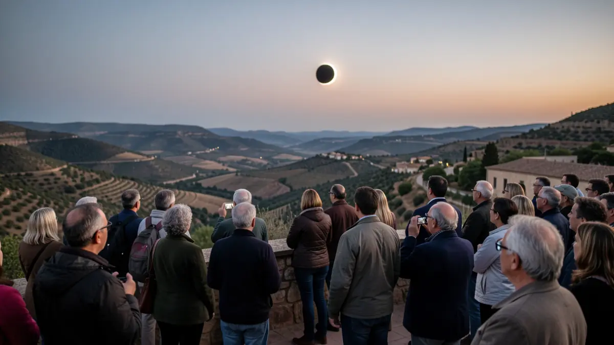 Image of people observing a solar eclipse from a viewpoint in Baza.