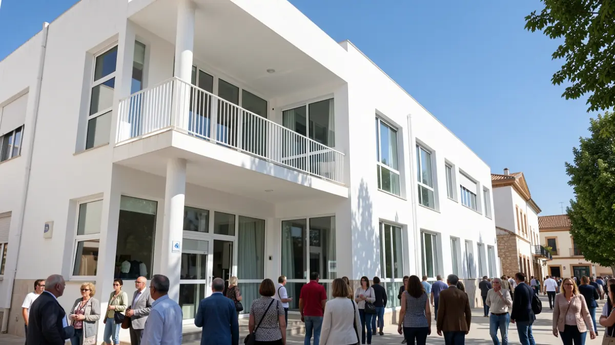 Facade of a municipal building in Andalusia with a balcony and intense sun.