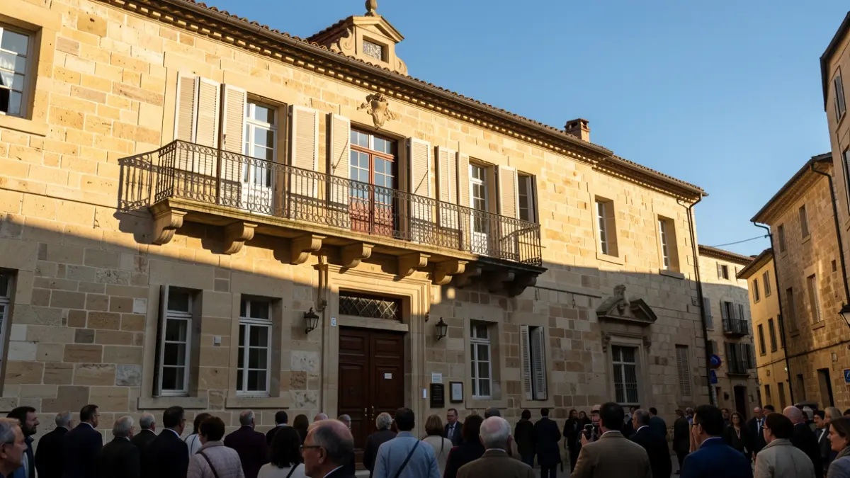 Fachada de un ayuntamiento andaluz con balcón de hierro, bajo el sol de la tarde.