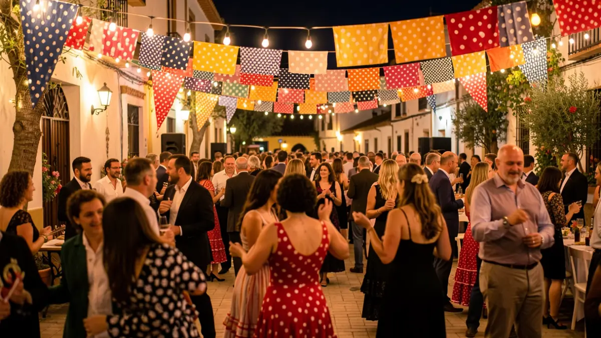 Imagen genérica de una fiesta temática flamenca previa a la feria en Andalucía, con decoración de lunares y ambiente festivo.