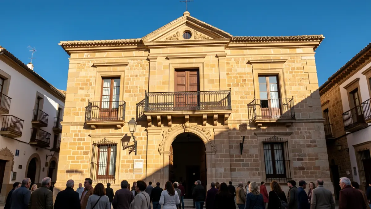 Fachada de un ayuntamiento tradicional de piedra en Andalucía con balcón y barandillas de hierro, bajo la luz del sol de la tarde.