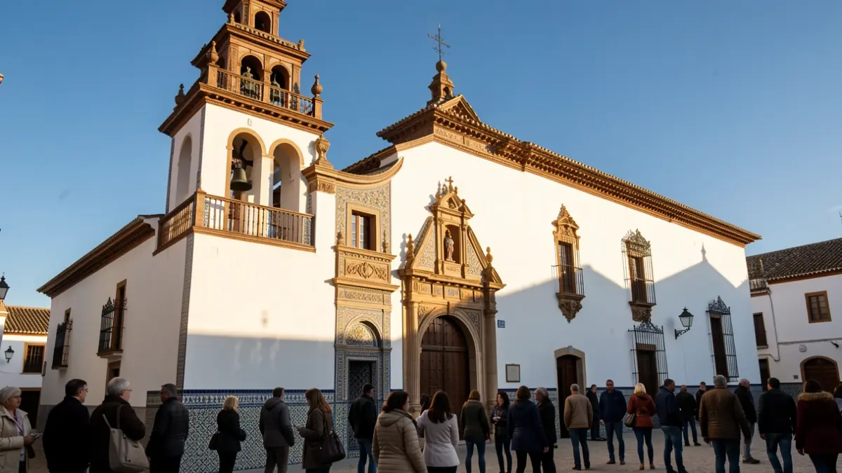 Facade of a traditional Andalusian church with white walls and a bell tower, under the afternoon sunlight.