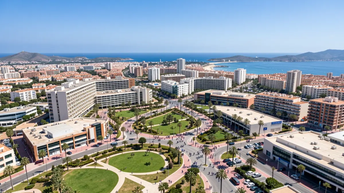 Aerial view of an urban development project in Benalmádena featuring commercial buildings, green spaces, and hotels.