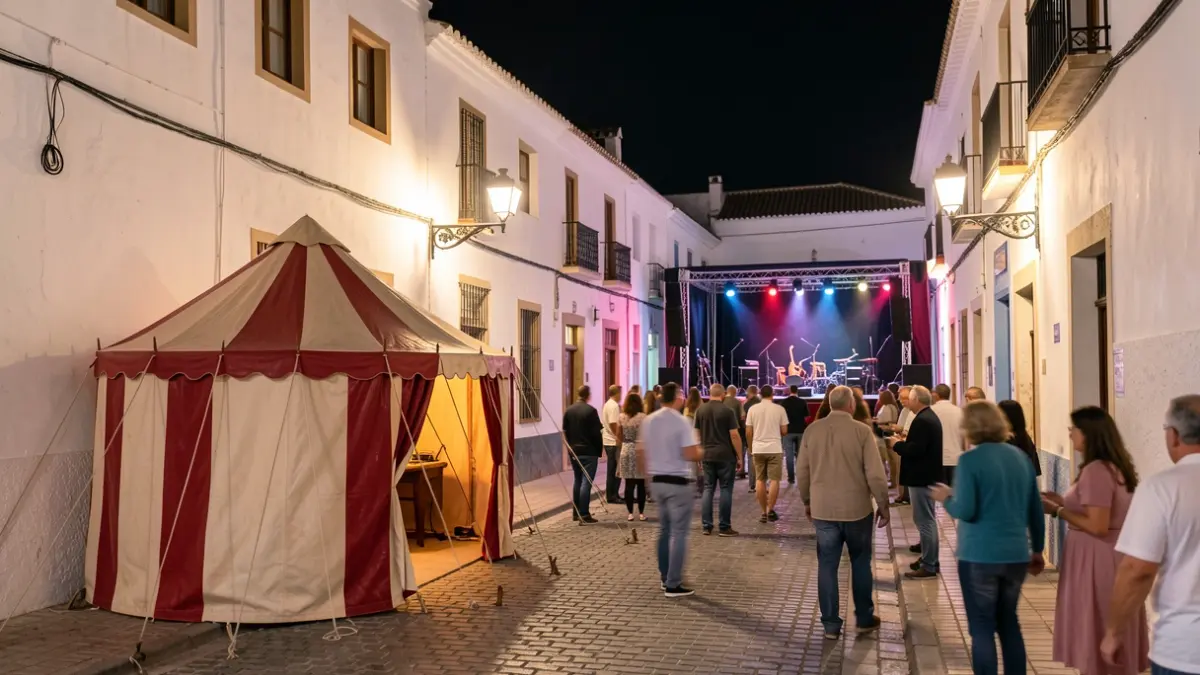 Imagen de una calle de Benalup-Casas Viejas iluminada por la noche durante la Noche en Blanco, con un espectáculo de circo y un escenario musical.