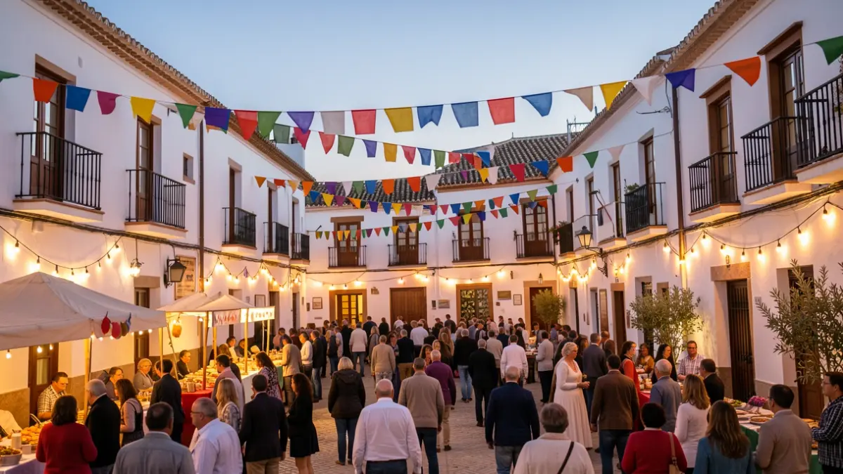 Imagen genérica de una plaza de pueblo andaluz decorada para una feria.
