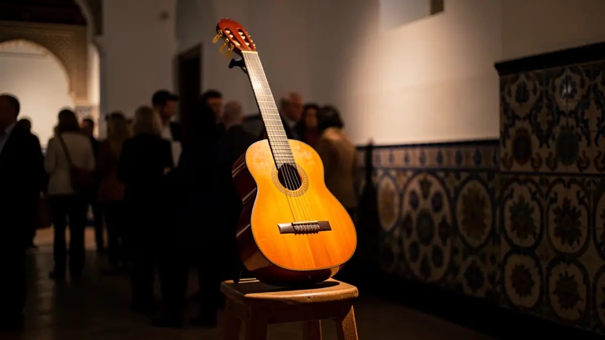 Flamenco guitar on a stool in an intimate setting with Andalusian architectural details.