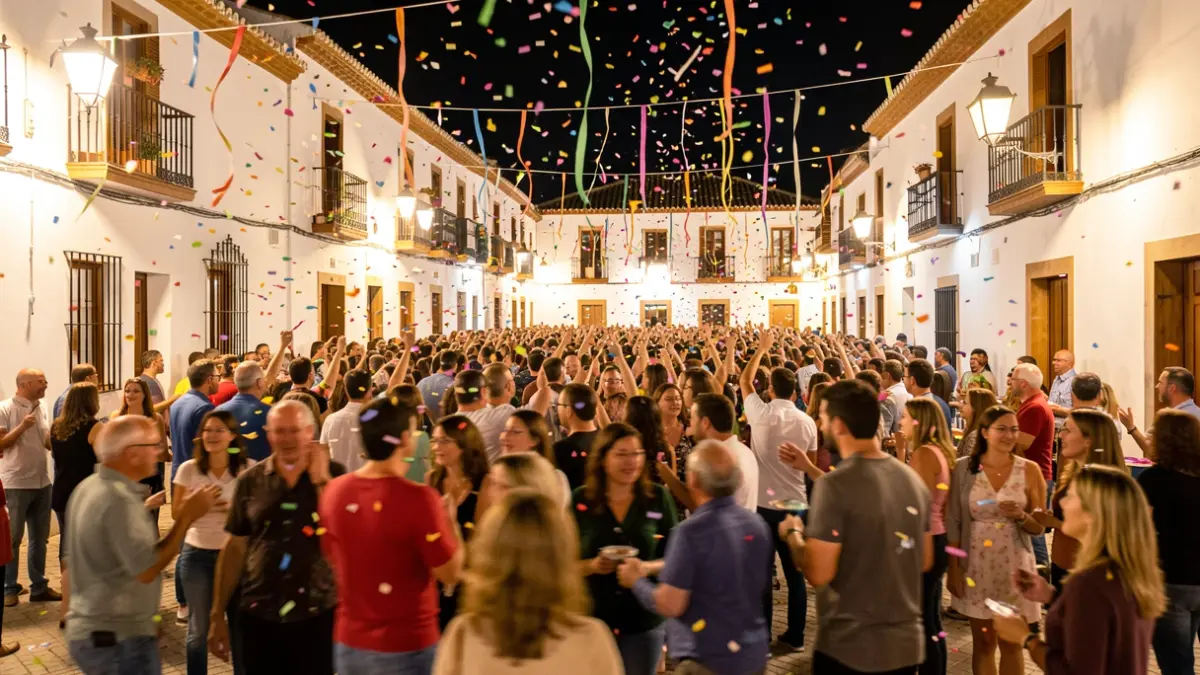 Generic image of a crowd celebrating a night festival in an Andalusian village with confetti and lights.