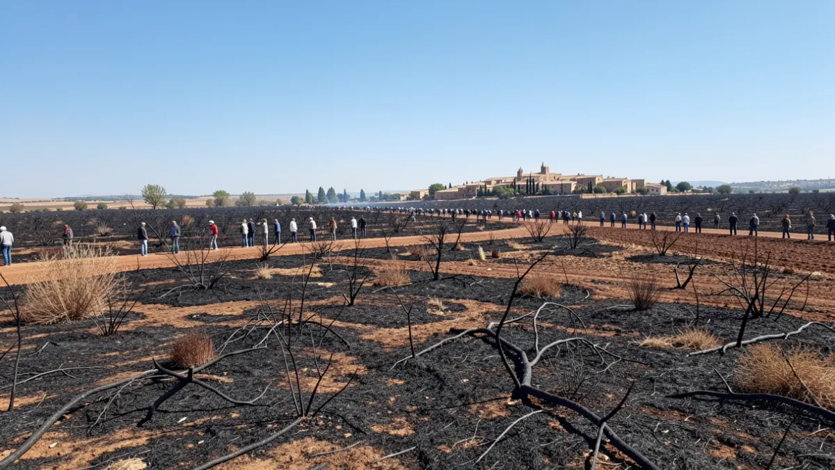 Andalusian landscape affected by a forest fire, showing scorched earth and damaged vegetation.
