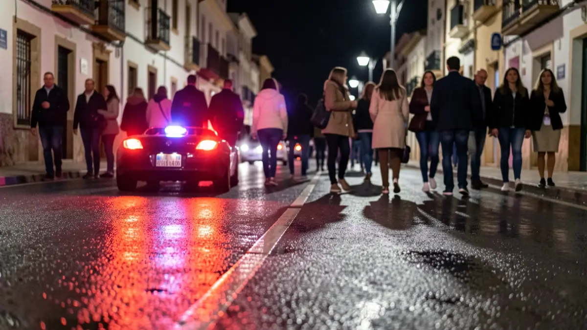 Generic image of emergency lights reflecting on wet asphalt at night.