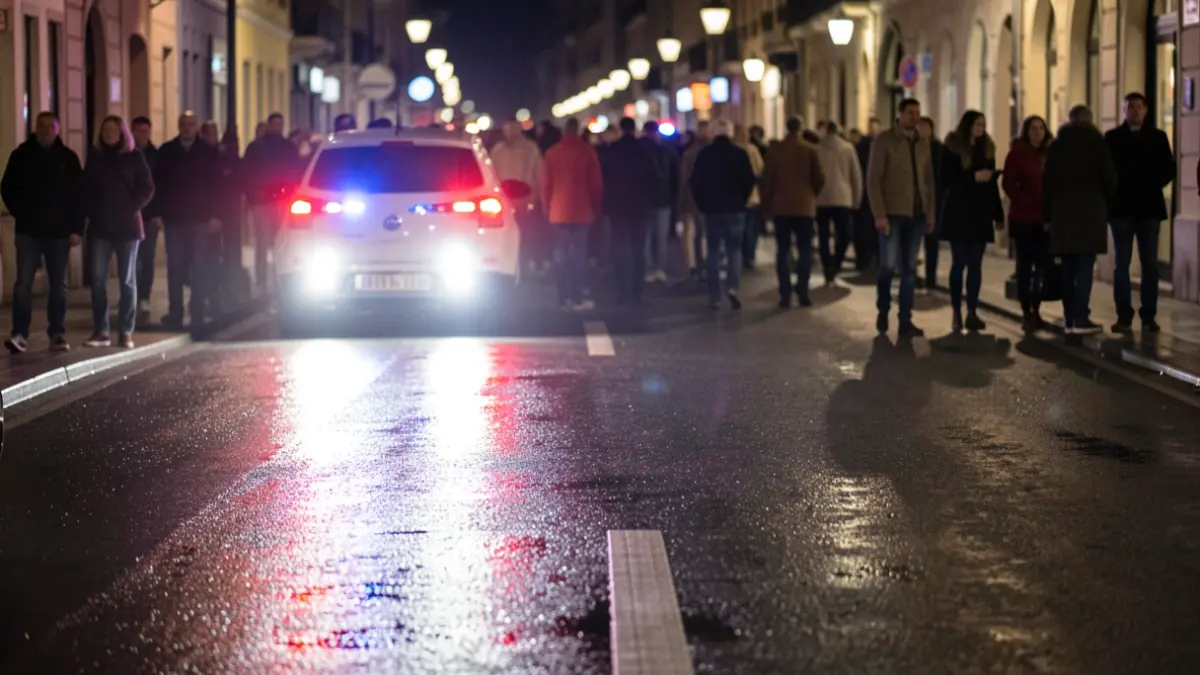Generic image of police emergency lights reflecting on wet asphalt.