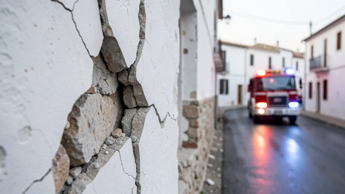 Image of a cracked wall after an earthquake, with blurred emergency lights in the background.