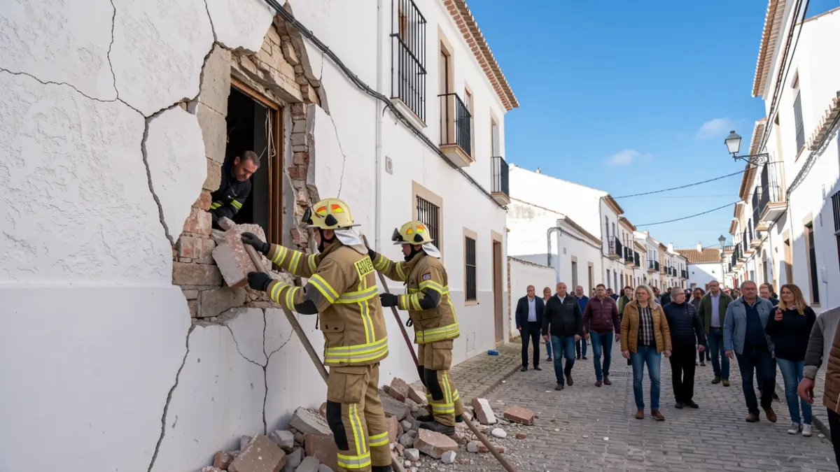 Bomberos inspeccionando un edificio dañado tras un terremoto en Andalucía.