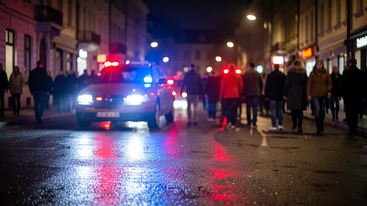 Imagen genérica de luces de emergencia policiales reflejando en asfalto mojado por la noche.