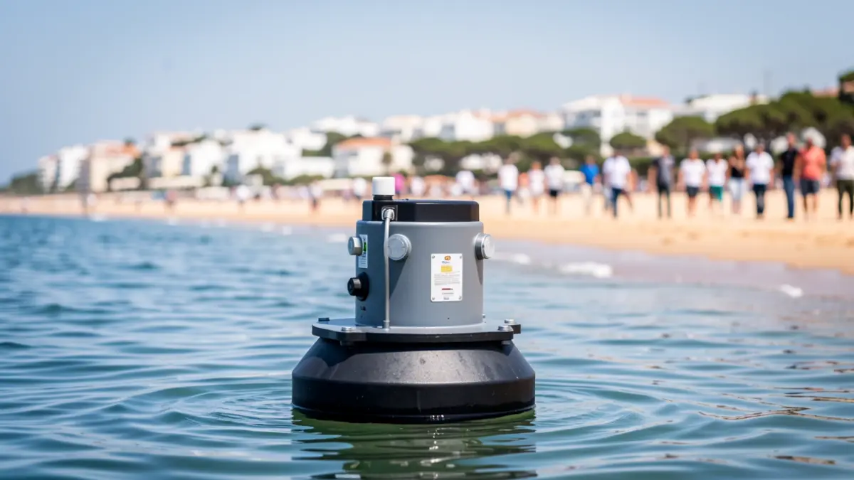 Boya inteligente flotando en aguas de Sancti Petri para monitorizar la calidad del agua.