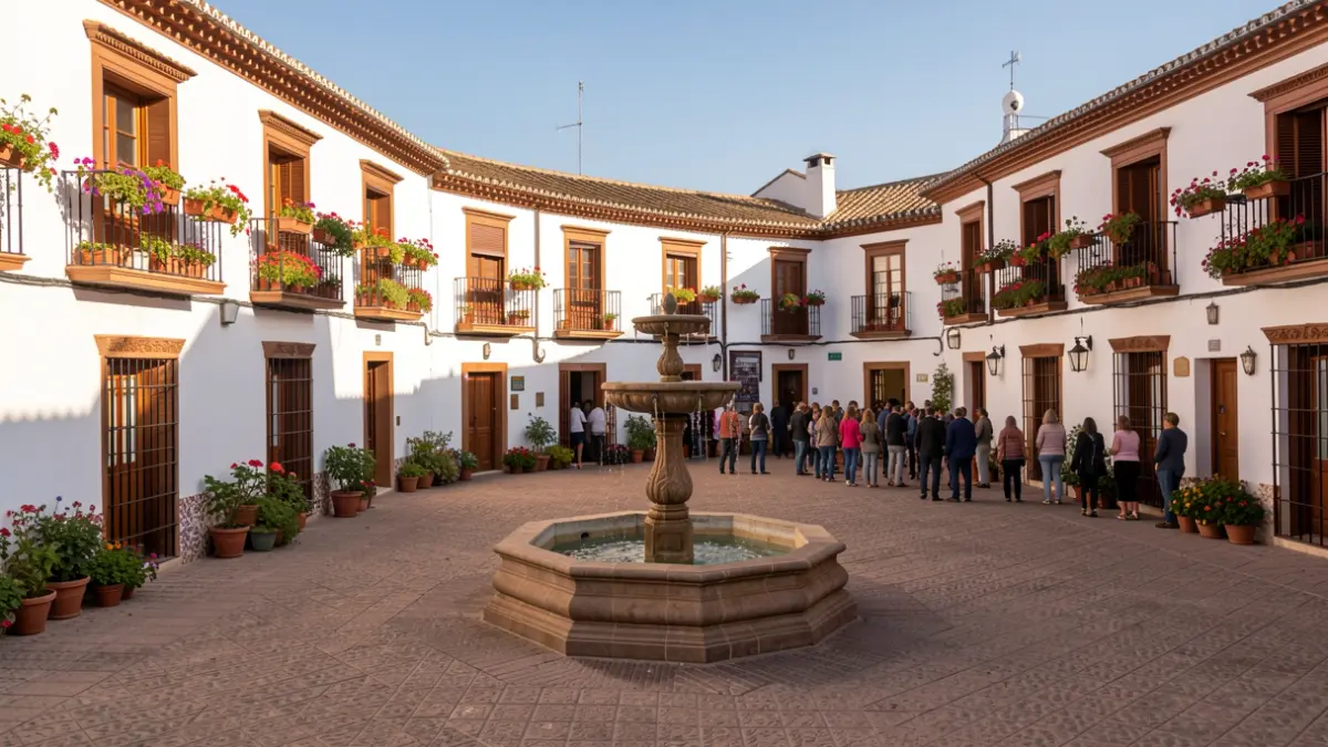 Imagen genérica de una plaza de pueblo andaluz con edificios blancos y una fuente.