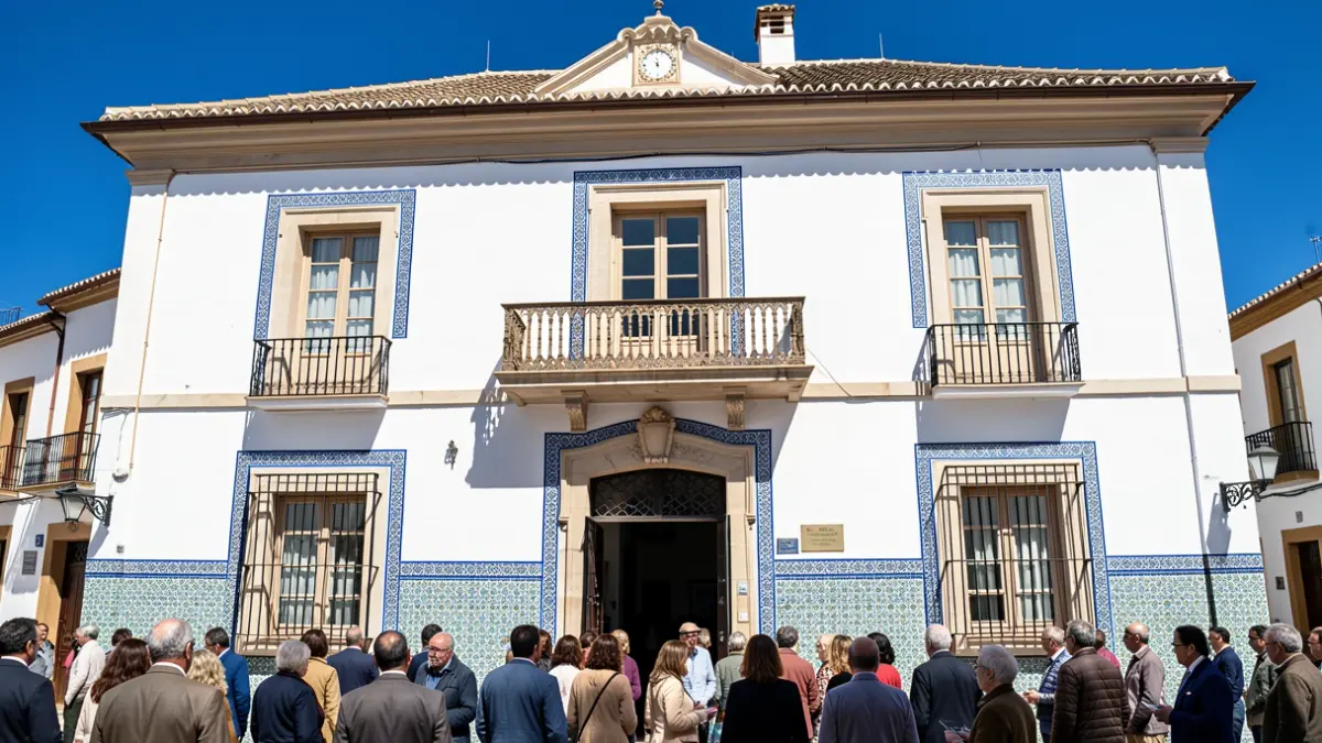 Fachada del Ayuntamiento de Bujalance con balcón y detalles de azulejos.