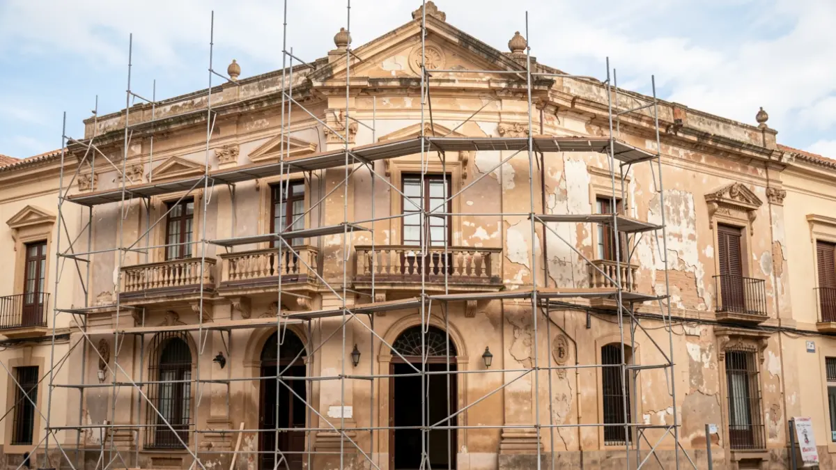 Facade of the Teatro Español in Bujalance undergoing renovation.