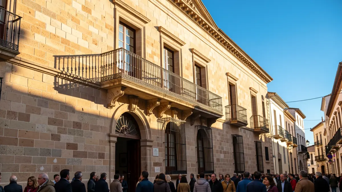 Stone facade of an Andalusian town hall with ornate balcony and iron railings, warm afternoon sunlight casting shadows on the sandstone walls, blue sky.