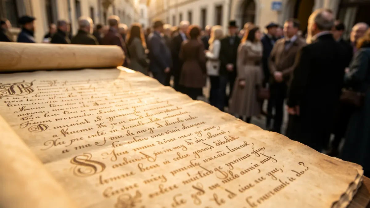 Primer plano de un pergamino antiguo con texto manuscrito y caligrafía ornamental, iluminado con luz cálida.