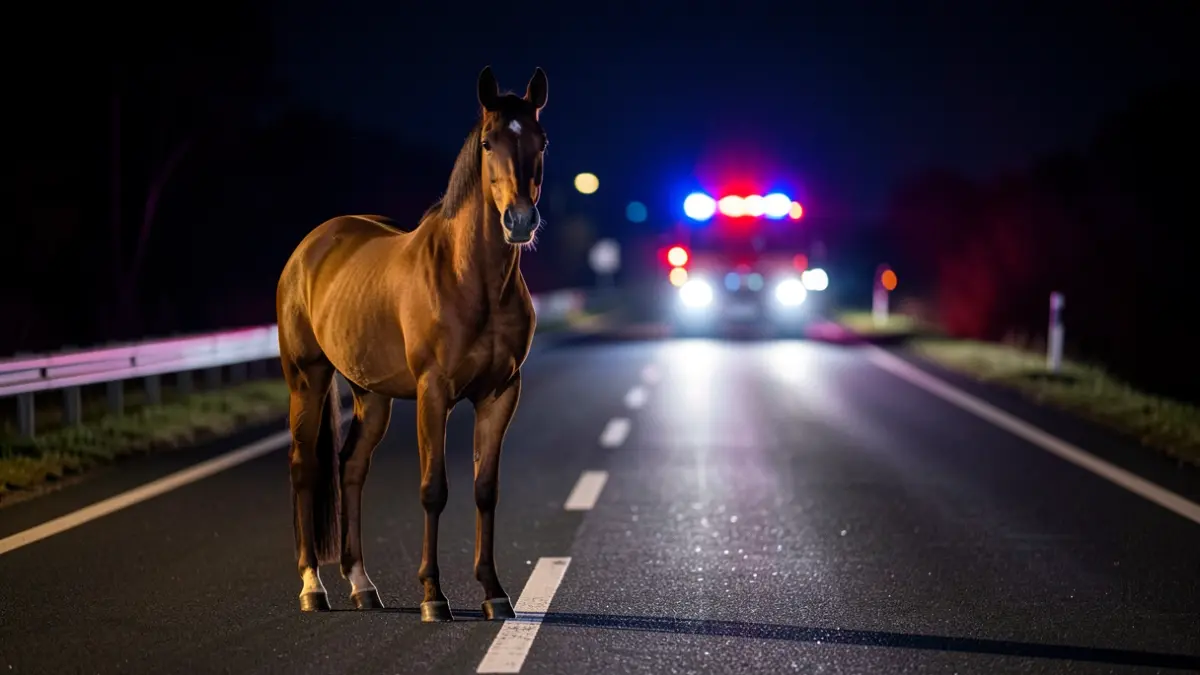 Imagen de un caballo en la calzada de una autovía con luces de emergencia.