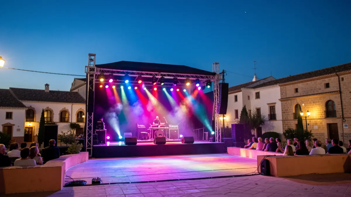 Escenario de concierto al aire libre en Mairena del Aljarafe al atardecer, con luces de colores y arquitectura andaluza al fondo.