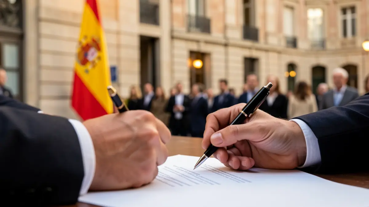 Image of an official document being signed in a town hall.