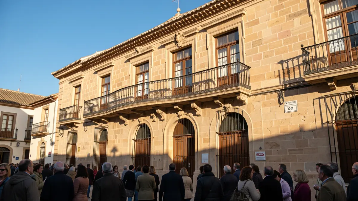 Fachada de un ayuntamiento andaluz tradicional con balcón y barandillas de hierro, luz de tarde cálida, cielo azul.