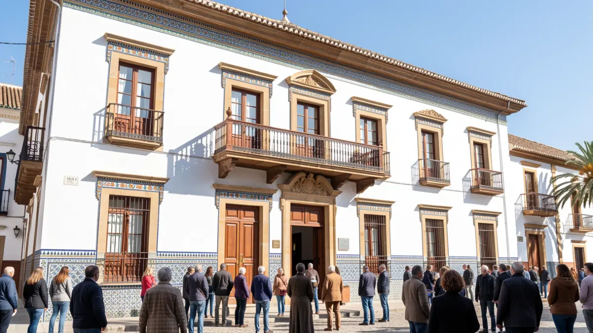 Facade of the Cabra Town Hall, a traditional Andalusian white building with a balcony and tiles, under the sun.