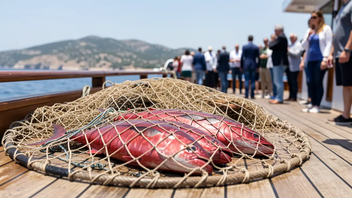 Fishing net with red tuna caught aboard a boat on the coast of Cadiz.