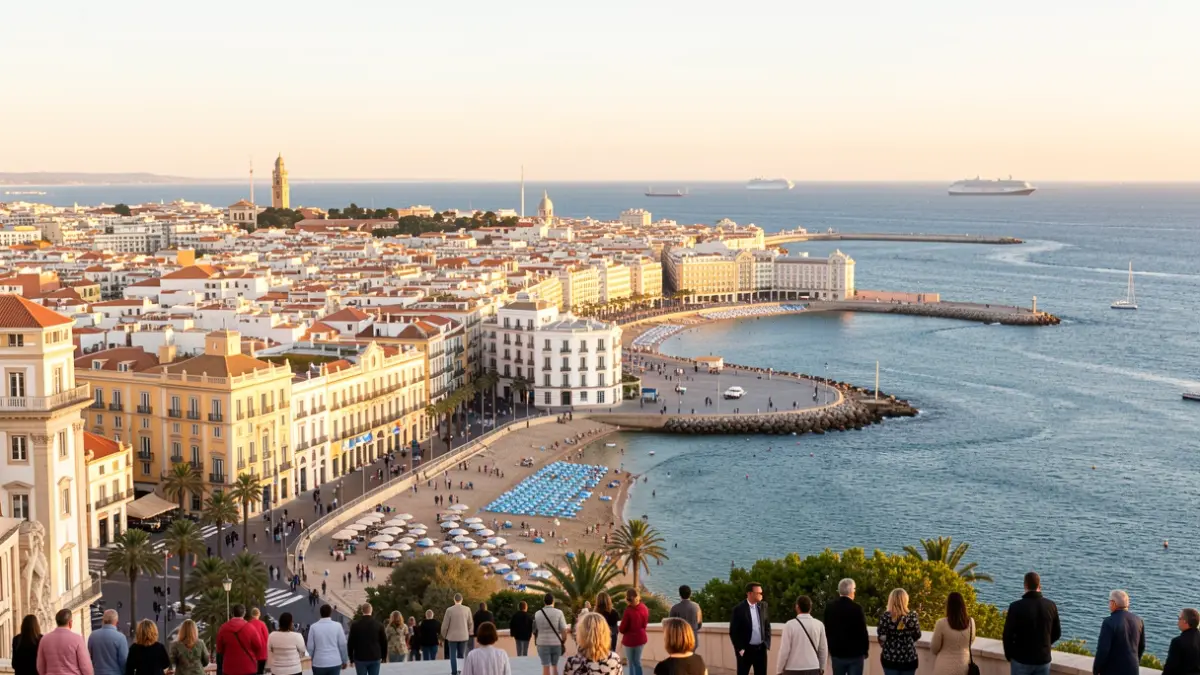Vista panorámica de la costa de Cádiz con su arquitectura característica y el mar bajo la luz del atardecer.