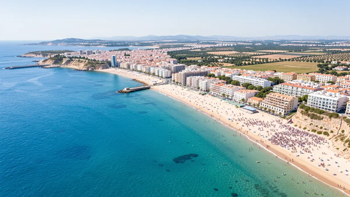 Aerial view of the coast of Cádiz province with beaches and urban developments.