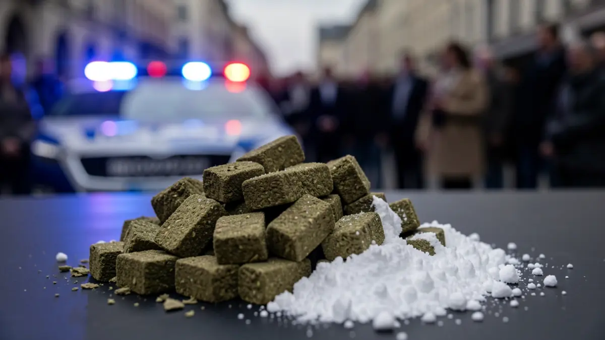 Image of seized hashish blocks and cocaine, with police lights in the background.