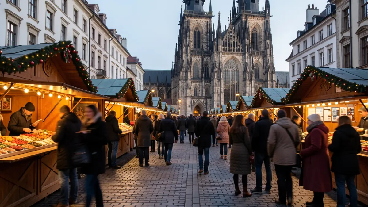 Imagen genérica de un mercado navideño en una plaza histórica al atardecer.