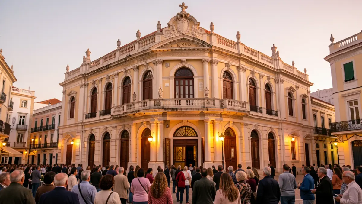 Facade of the Teatro Pemán in Cádiz, a historic public theater, with ornate architectural details and warm evening light.