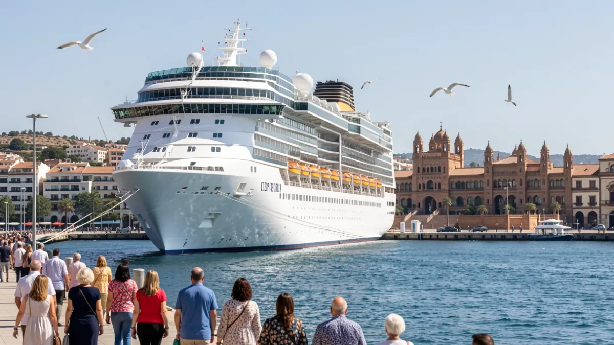 Imagen de un crucero atracado en el puerto de Cádiz con la arquitectura andaluza de fondo.