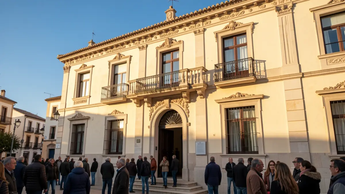 Facade of a generic Andalusian town hall building with a balcony and ornate details, under the afternoon sunlight.