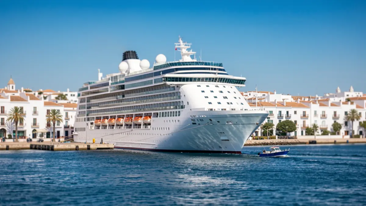 Un crucero atracado en el puerto de Cádiz con edificios blancos y cielo azul.