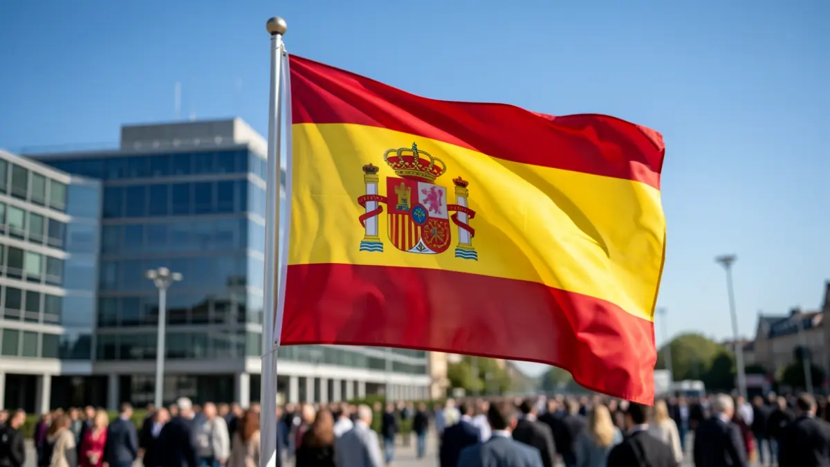 Bandera española ondeando con un edificio de oficinas borroso al fondo.