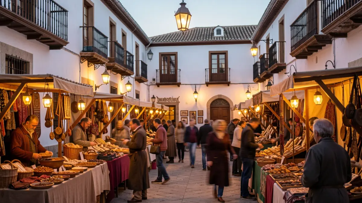 Andalusian medieval market in a historic square of Cádiz with craft stalls and a night atmosphere.