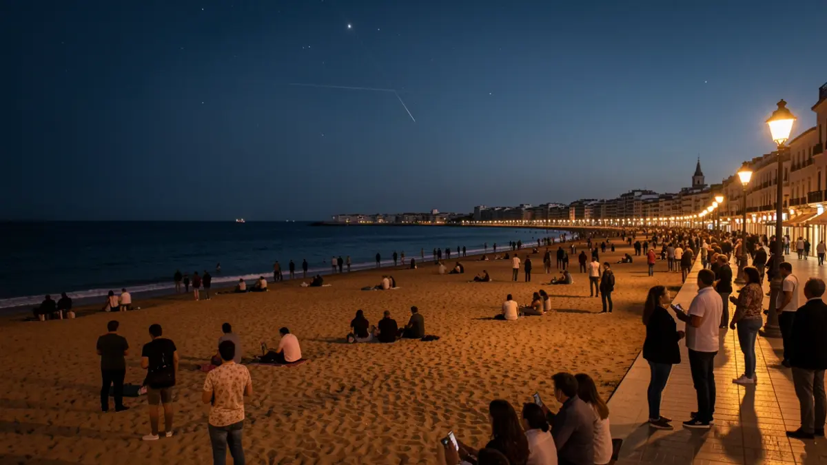 La Caleta beach in Cádiz during an eclipse, with people observing the phenomenon.