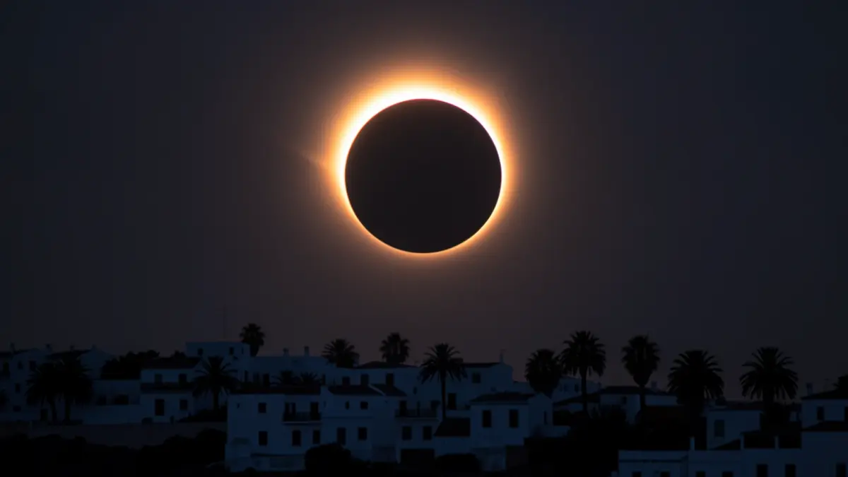 Total solar eclipse over the coast of Cádiz, with the sky darkening and the solar corona visible.