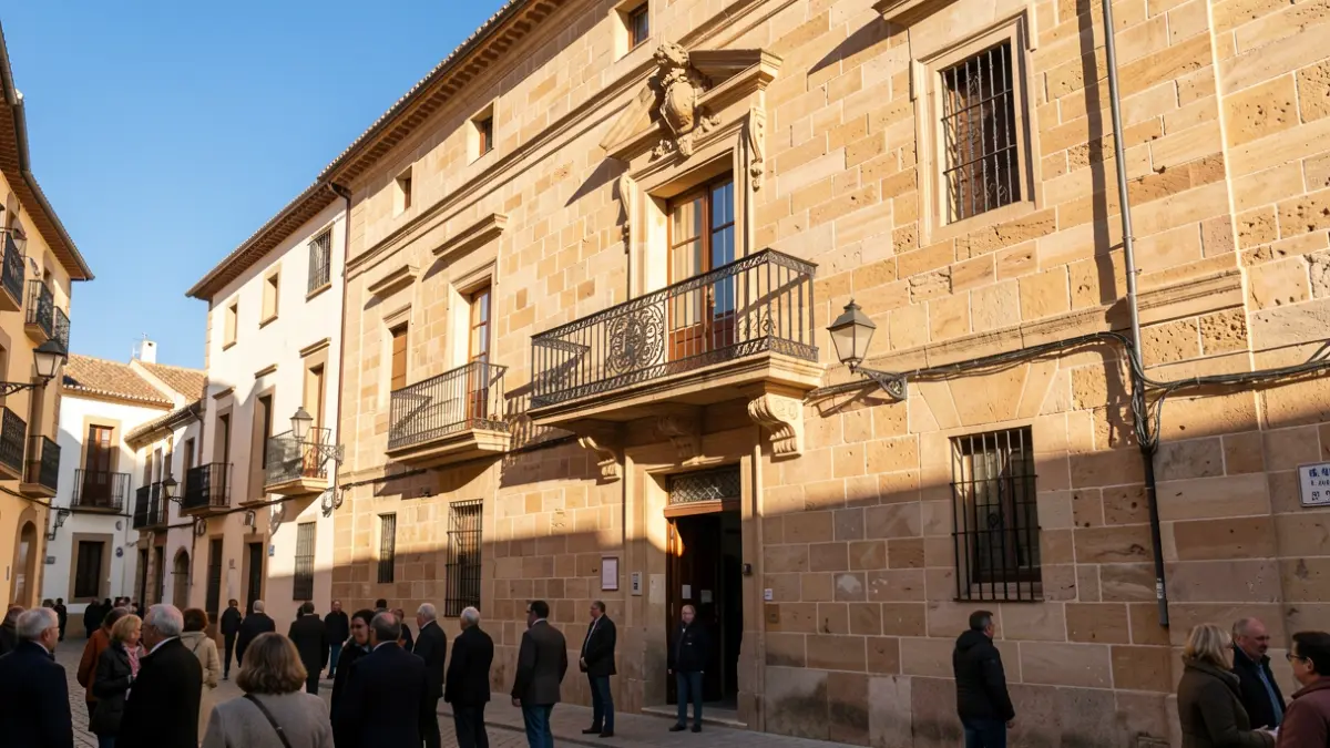 Fachada de un ayuntamiento andaluz con balcón ornamentado y barandillas de hierro, luz cálida de la tarde proyectando sombras sobre las paredes de arenisca, cielo azul.