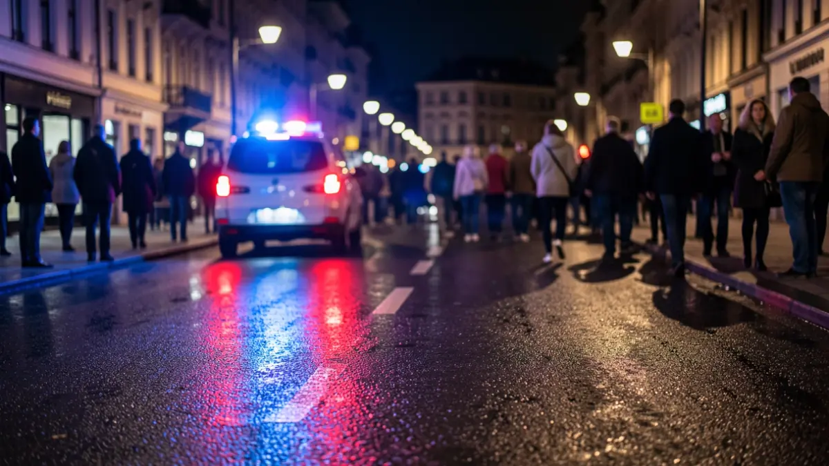 Imagen genérica de luces de emergencia policiales reflejando en asfalto mojado por la noche.