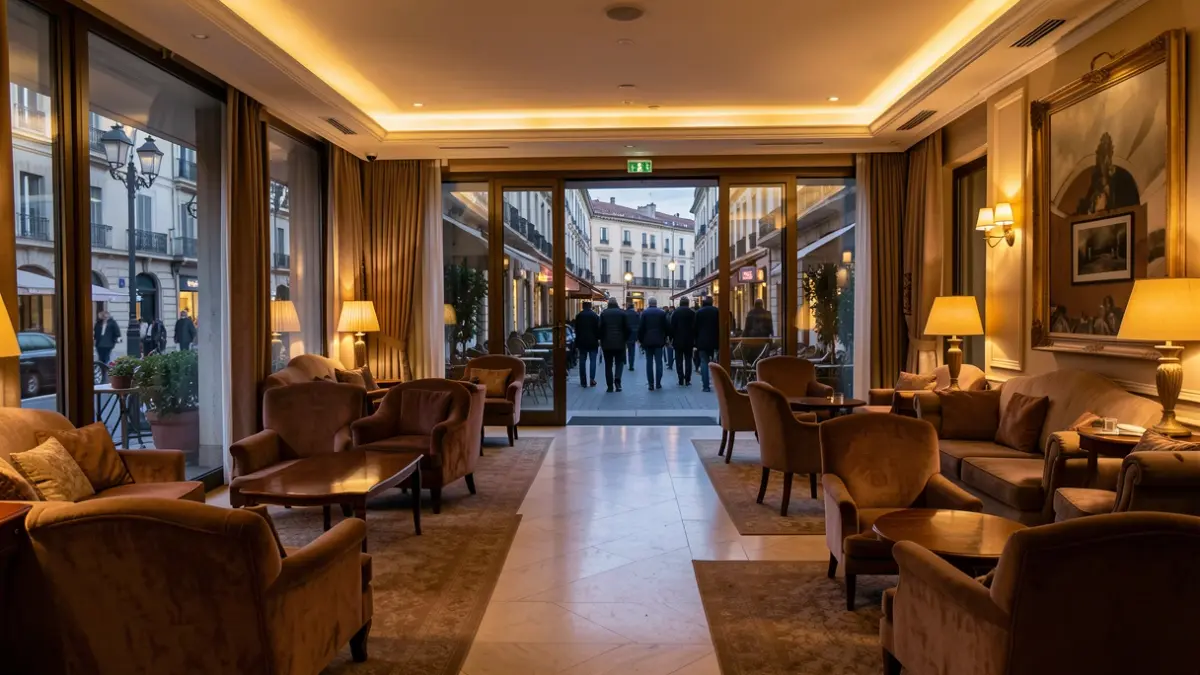 Generic image of an empty hotel lobby at dusk.