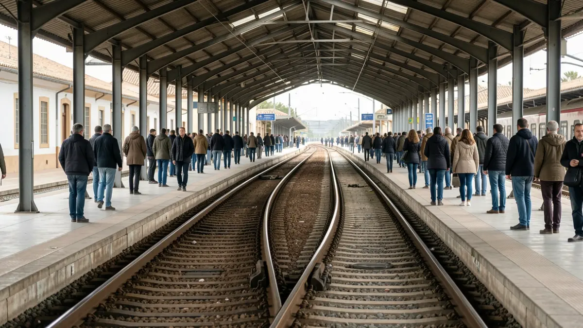 Generic image of an empty Andalusian train station with tracks in the background.